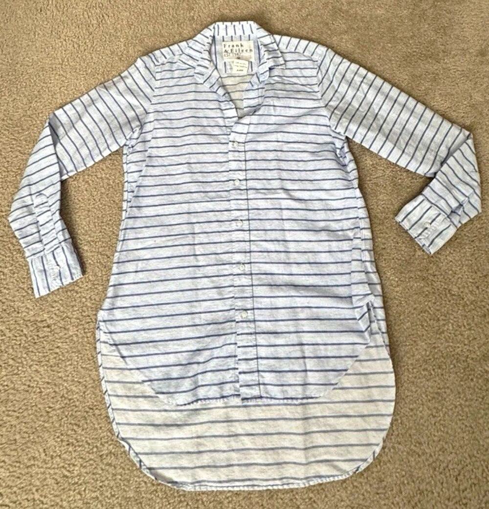 Frank & Eileen Grayson M Blue Stripe Linen Cotton Tunic Shirt Dress Italy